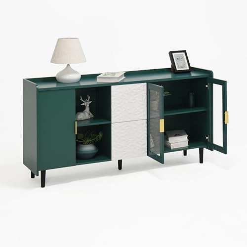 HAINEW Aparador con 2 cajones y 2 puertas de cristal, armario buffet con 2 compartimentos de almacenamiento abiertos para dormitorio, salón, pasillo, 150 x 40 x 80 cm (verde)