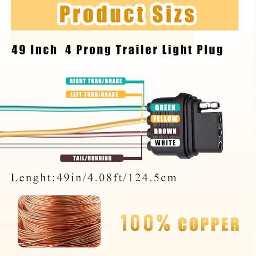 Image of 49 Inch 4-Way 4 Prong Trailer Wiring Harness 4ft Plug Female end Replacement Connector for Trailer Hitch Wire Multi-Purpose Ship Lamp Dust Cover with Trailer Side 4-Pin Trail Lamp Plug