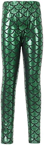 Kids Girls Shiny Little Mermaid Fish Scale Print Leggings Pants, Green,L