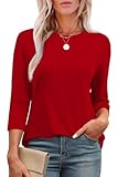 Aokosor Womens 3/4 Sleeve Tops Ladies Blouses Crew Neck Pleated Shirts Fashion Dressy Tunic Blouses Size 10-12 Red