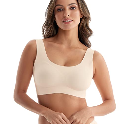 Momcozy Seamless Bra Wireless Bra for Women Ultra Comfort Support Bra Sleep Daily Bralette with Removable Pad Beige