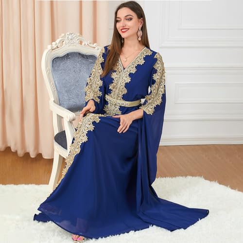 Image of IDOPIP Embroidery Abayas for Women Muslim Moroccan Floral Maxi Kaftan Dress Arabic Islamic Dubai Robe Ramadan Prayer Clothes