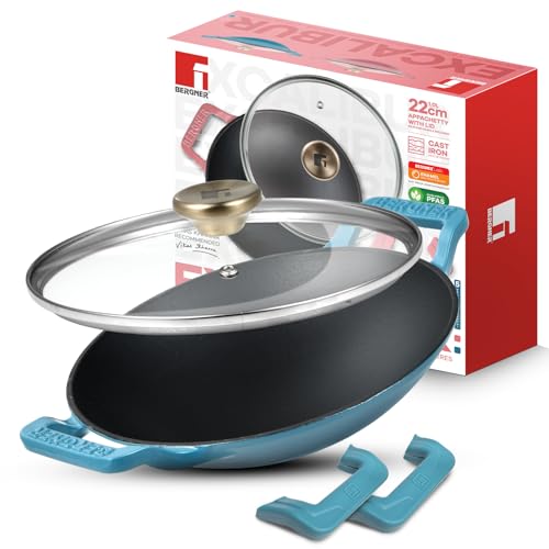 Image of BERGNER Excalibur Lightweight Cast Iron Appachetty with Lid 22cm (1L), Non-Stick Coating, PFAS Free, Perfect Heat Distribution, Elegant Design, Silicone Grips - Induction and Gas Stove Ready (Blue)
