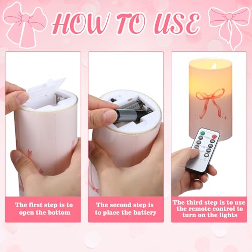Image of Tujoe 3 Pcs Valentines Flameless LED Candle with Remote Coquette Pink Bow Candles Pillar Candle Set Battery Operated Romantic Valentine Decorations for Home Wedding Bachelorette Bridal Birthday