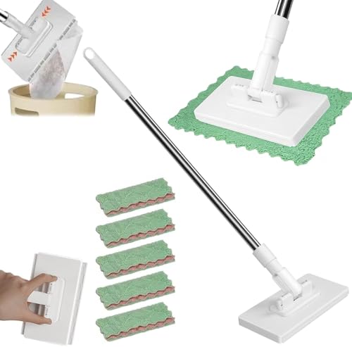 Disposable Dust Mop with 5 Reusable Cloths 39 Long Handle Wet and Dry Flat Mopping Sweeper Stick No Wash Clip Mops with Locking Head Retractable Gap Dust Cleaner for Wet & Dry
