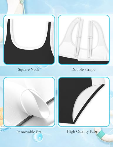 Image of Girls Swimsuit Ruffled Square Neck Color Contrast Trim One Piece Bathing Suit Geometric Girls' Swimwear 9-16Y