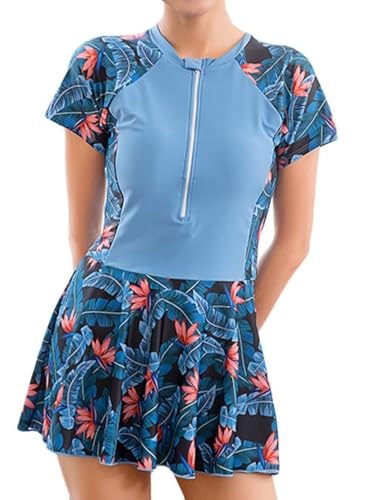JadeRich Teen Girls One Piece Short Sleeve Swim Dress Rash Guard Bathing Suit Skirted Zip Front Swimwear