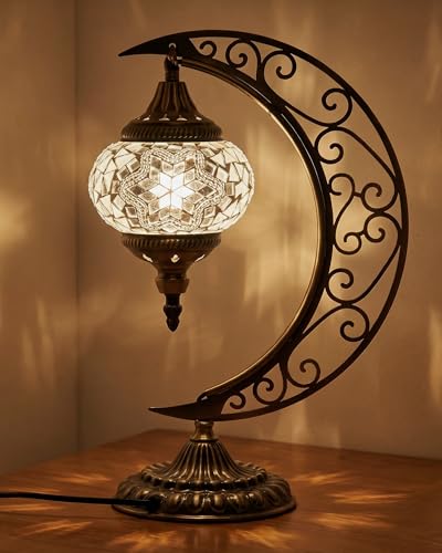 Baquler Turkish Mosaic Moon Lamp - Handmade Stained Glass Table Lamp with Metal Crescent Base Bohemian Moroccan Bedside Night Light for Bedroom Living Room Decor Unique Gift(Classic Style)