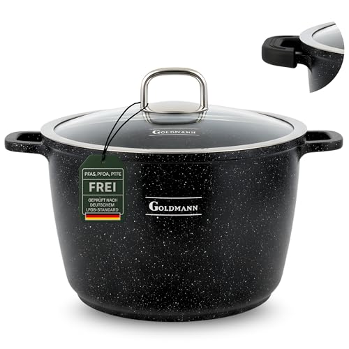 GOLDMANN Marmite 28 CM - 10L en Aluminium Coulé avec Couvercle en Verre, Poignées en Silicone, Revêtement Antiadhésif Effet Marbre Céramique, Compatible...