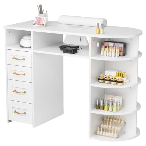 OmySalon Nail Desk for Nail Tech with Electric Dust Collector Rattan Manicure Table Professional Salon Station with Display Rack Storage Drawers Acetone Resistant Surface & Wrist Cushion (White)
