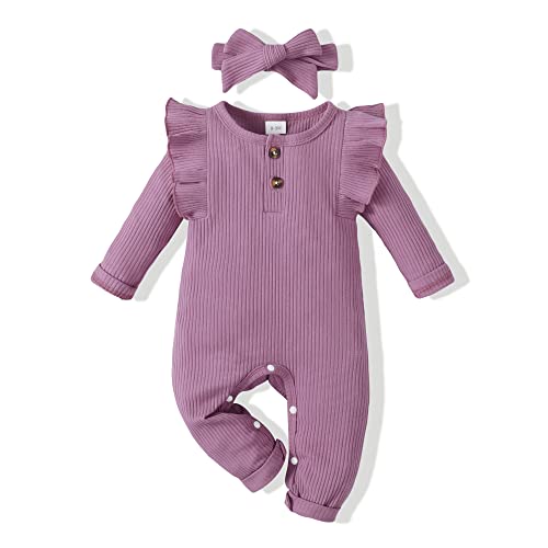 Image of Renotemy Newborn Baby Girl Clothes Fall Winter Outfits Infant Rompers Solid Jumpsuits Bodysuit Cute Infant Baby Clothes Girl