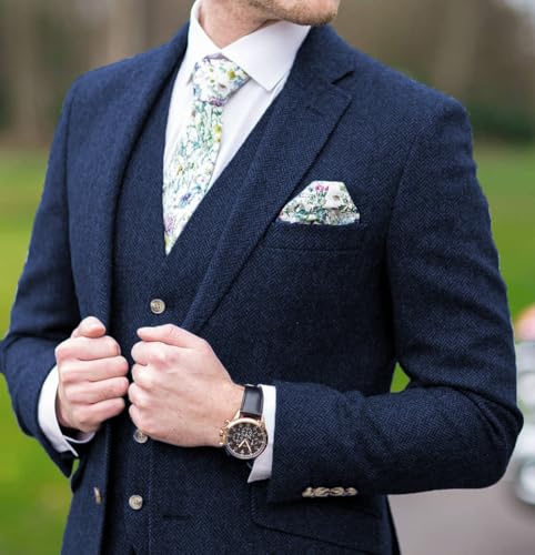 MoranX Men's Suits Formal Regular Fit 3 Piece Herringbone Tweed Wool Business Jacket Tuxedos Blazer+Vest+Pants Wedding4