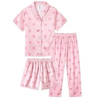 Ewbob 3 Piece Girls Silk Satin Pyjamas Set Long Sleeve Button-Down Kids PJs Breathable Soft Nightwear Children Sleepwear Age 5-14(C16-006)-Pink Bow-3pcs-11-12Y