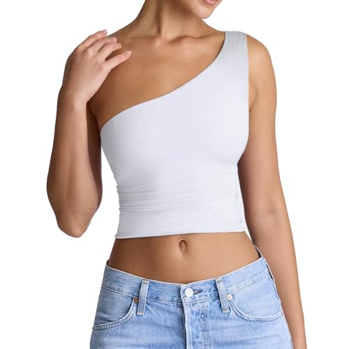 Women's Sexy One Shoulder Crop Tops Sleeveless Cropped Tank Tops Ruched Shirts3