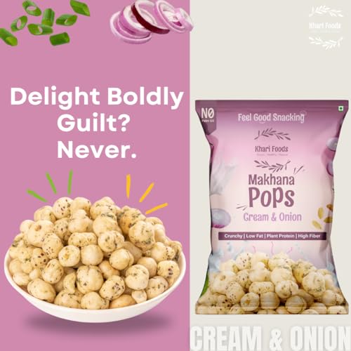 Image of Khari Foods Premium Flavoured Makhana 25g, Crunchy & Roasted Makhana Pops, Protein Source, Fibre Rich, No Palm Oil, Gluten Free (Cream & Onion Pack 4)