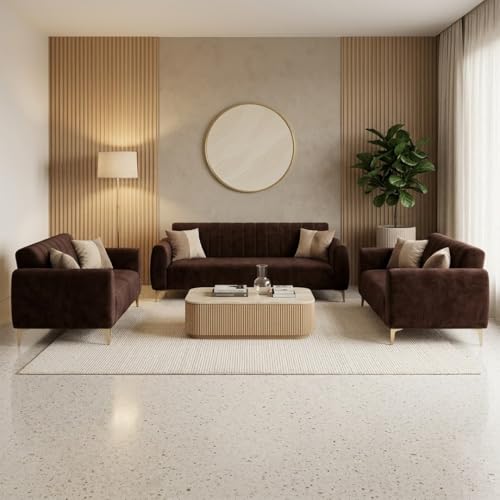 Image of Habibi Rich Velvet Suede 3+2+2 Seater Sofa Set | Spacious Soft Touch Comfort Seating | 7 Person Seating | Modern Living Room Sofa Set (Dark Brown)