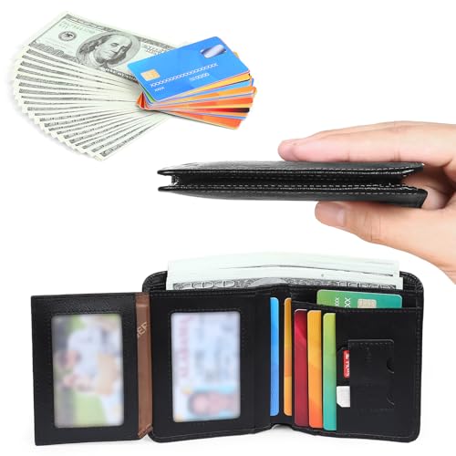 Mens Leather Wallet，Mens Trifold Wallet, RFID Blocking Wallet,Leather Wallet For Men,2see-through Id, 9 credit card slots, with, 2-pocket money divider,Large Capacity Wallet (Black)4