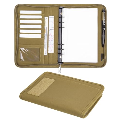 Kosibate Tactical Notebook Padfolio Ring Binder with 80 Sheets Tactical Binder Zippered for Folders Cards Refillable 6-Ring Notepad Army Military Waterproof Notebook Cover(Khaki 7.3x10.1)