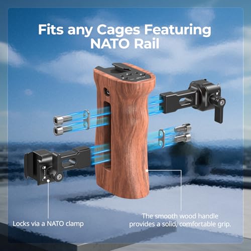 Image of SMALLRIG Universal Side Wooden NATO Handle Grip DSLR Camera Cage w /Cold Shoe Mount Built-in Wrench, Threaded Holes