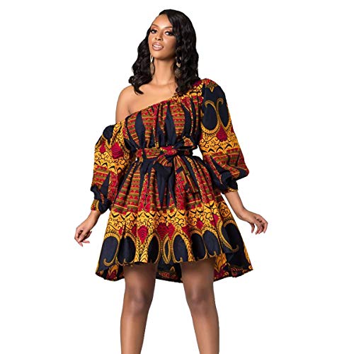 Moonight Robe courte sexy à une épaule encolure oblique Imprimé africain - Jaune - Taille XL Cover