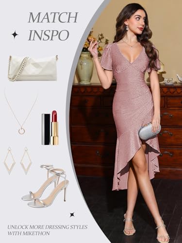 Image of Women Formal Wedding Guest Sparkly Party Dress Ruffle Glitter Sequin Midi Evening Gown Prom Hi Low Cocktail Dresses