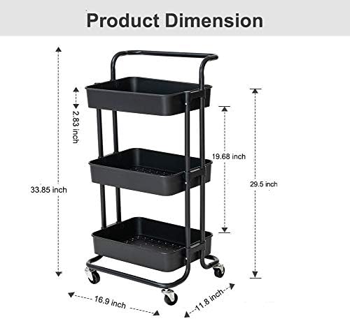 Household Storage Trolley, Utility Cart with Wheels, 3 Tier Rolling Cart, Service Trolley Cart, Mobile Storage Cart, Removable Utility Organizer Cart, Craft Cart for Kitchen, Office, Bathroom, Black