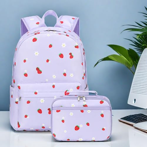 LEDAOU Girls Backpack with Lunch Box Set, 16 Inch School Backpack for Girls Ages 5-10, Cute Strawberry Kids Bookbag for Preschool Kindergarten Elementary, Water Resistant School Bag by LEDAOU - Used condition - Image 7