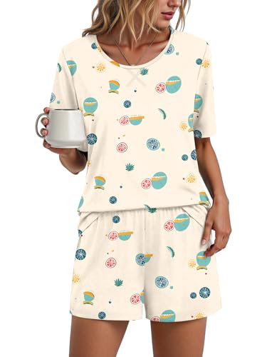 Image of Findsweet Pajama Set for Women 2 Piece Lounge Set Soft Sleepwear Summer Casual Short Pjs Sets with Pockets M-3XL