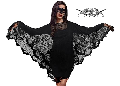 Halloween Womens Costume Scary Spider Web Lace Witch Poncho Loose Scalloped Hem Cape Black One Size