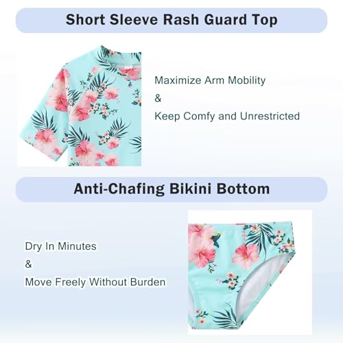 Image of Girls Two Piece Swimsuits Short Sleeve Rash Guard Swim Shirt Bikini Bottom Swim Set Bathing Swim Set Swimwear 3-16 Years