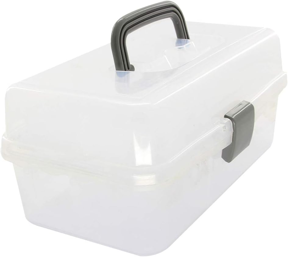 Utoolmart Portable Folding Tool Box, Three-Layer Storage Box with Cantilever Tray Plastic Hardware Box Storage 13 x 7.9 x 5.9 inches Fully Translucent 1Pcs