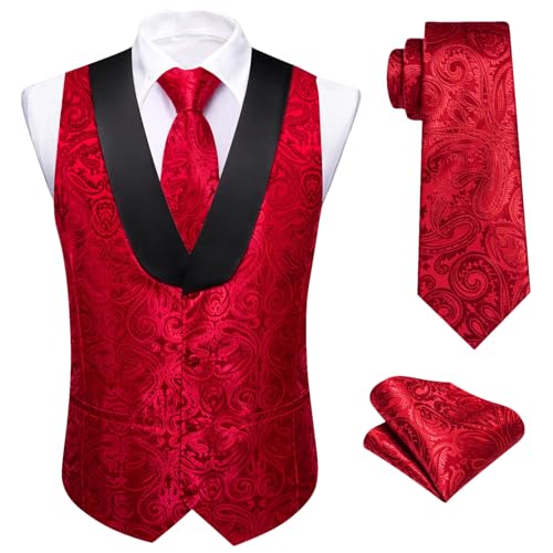 Men’s Silk Shawl Collar Paisley Vest Set Textured Floral Waistcoat with Tie, Pocket Square & Cufflinks for Business