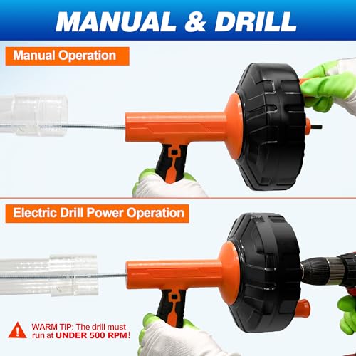 Image of Drain Auger 33Ft, Auto-Feed Drain Snake Hair Drain Clog Remover, Orange | Drill Adapter for Quickly Unclogging, Long Flexible Plumbing Snake for Deep Pipe Clog, Bathroom Shower, Bathtub, Kitchen Sink
