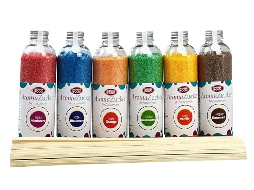 Partyset 6 x 230g Zuckerwatte Zucker AZO Frei für Zuckerwattemaschine Ink. 100 Zuckerwattestäbe (Blaubeere/Himbeere/Vanille/Karamell/Waldmeister/Orange)