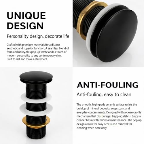 Image of BASSINO Premium 5 Inch Brass Waste Coupling /Washbasin Drainer /Rust-Proof Pop-Up for Basin /Drain Stopper for Tabletop, Wall-Mount & Pedestal Wash Basins(Matt Black)