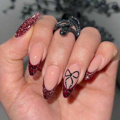 Image of Red Nail Press ons French Tip Fake Nails with Glitter Design Medium Almond Glue on Nail Glossy Full Cover Bow Press on Nails for Women Manicure 24Pcs