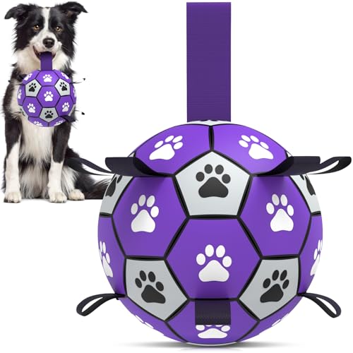 QDAN Dog Toys Soccer Ball with Straps - Dog Water Toy, Puppy Birthday Gifts, Durable Dog Balls for Small Medium Dogs （6 Inch） Purple White 6 Inch