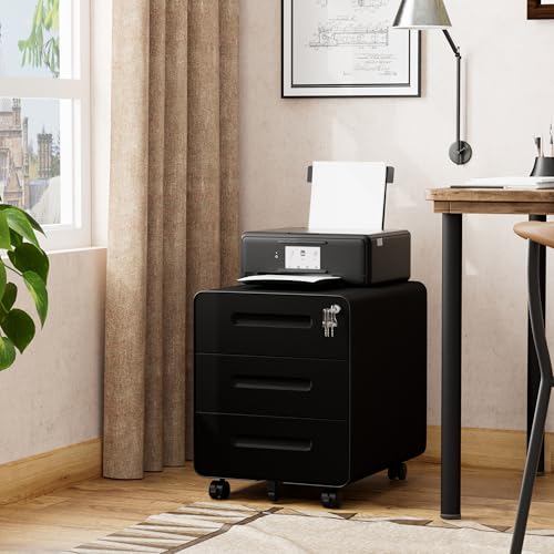 Miniatura 2 de Lvsteel Cajonera Móvil Con 3 Cajones, Archivador De Oficina Con Ruedas, Diseño De Esquinas Redondeadas, Completamente Ensamblado, Con Cerradura Y 4 Llaves, Negro