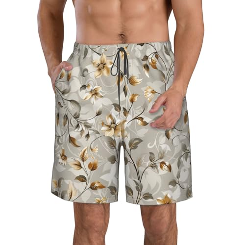 Men's Quick Dry Swim Shorts Flowers Leaves Vines Natural Elegant Gray Vintage Beach Trunks with Pockets