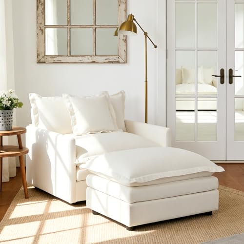 chairus Oversized Chair with Ottoman, Modern Linen Upholstered Single Sofa Living Room Chair, Comfy Reading Accent Chair Armchair Chaise Lounge Chair Indoor for Bedroom, Cream White