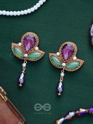 Image of SANJOYA by EVERSTYLISH Embroidered Earrings for Women | Stones, Beads, Glass & Pearl Drop Danglers | Lightweight Adjustable Festive & Wedding Jewelry