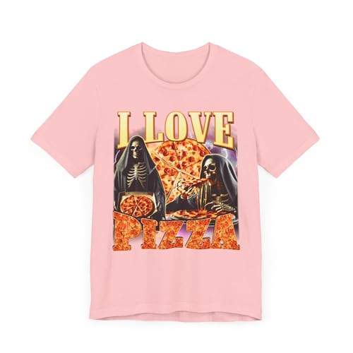 T-shirt squelette I Love Pizza rose vêtement rigolo unisexe