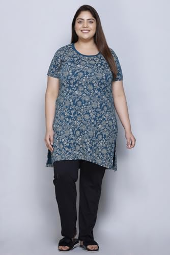 Image of RYSH Women's All-Over Printed Cotton Plus Size Longline T-Shirt Half Sleeve with Pockets Turquoise L