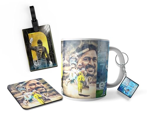 Image of MORONS (A Brand Owned by JBN Printstop) MS Dhoni Tribute Gift Box Includes 4 Items: Ceramic Mug, Keychain, Bag Tag and Tea Coaster - The Ultimate MSD Fan Collection; 330ML