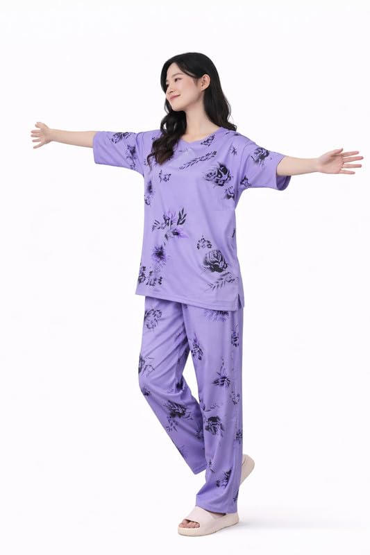 Image of Women's Pajama Set with Top & Pants|| Korean Night Wear|| Loose Fit Home Wear || Lightweight Printed Set || Soft & Comfy Girls & Women