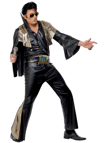 Smiffys Disfraz de Elvis, Negro y dorado, con camisa, pantalón, capa y cinturón Halloween, Carnaval