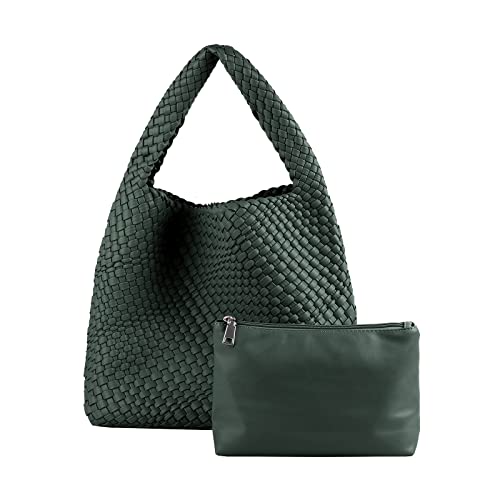 Image of Woven Tote Bag for Women with Purse, Vegan Leather Hobo Bags Large Handmade Underarm Shoulder Bag