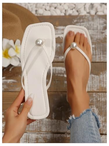 GORGLITTER Women's Pearl Flip Flops Square Open Toe Thong Slide Dressy 2025 Wedding Dress Flat Sandals2