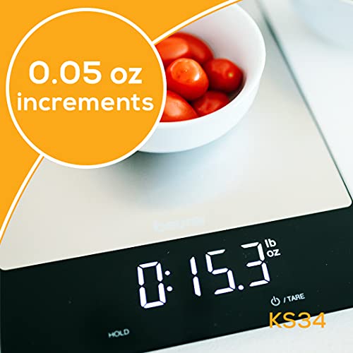 Beurer Ks34 Digital Kitchen Scale - Precise Scale For Food Ounces And Grams, 33Lbs Capacity, Xl Weighing Platform For Meal Prep, Magic Display, Tare Function - Batteries Included - Black Glass #TOP4