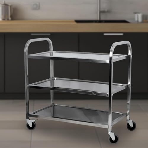 Carrito de servicio de acero inoxidable de 75 x 40 x 83,5 cm, carrito utilitario de 3 niveles con ruedas giratorias de 360°, carrito rodante resistente para restaurantes, cocinas y hoteles